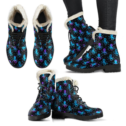 Octopus Blue Design Print Themed Faux Fur Leather Boots-JTAMIGO.COM
