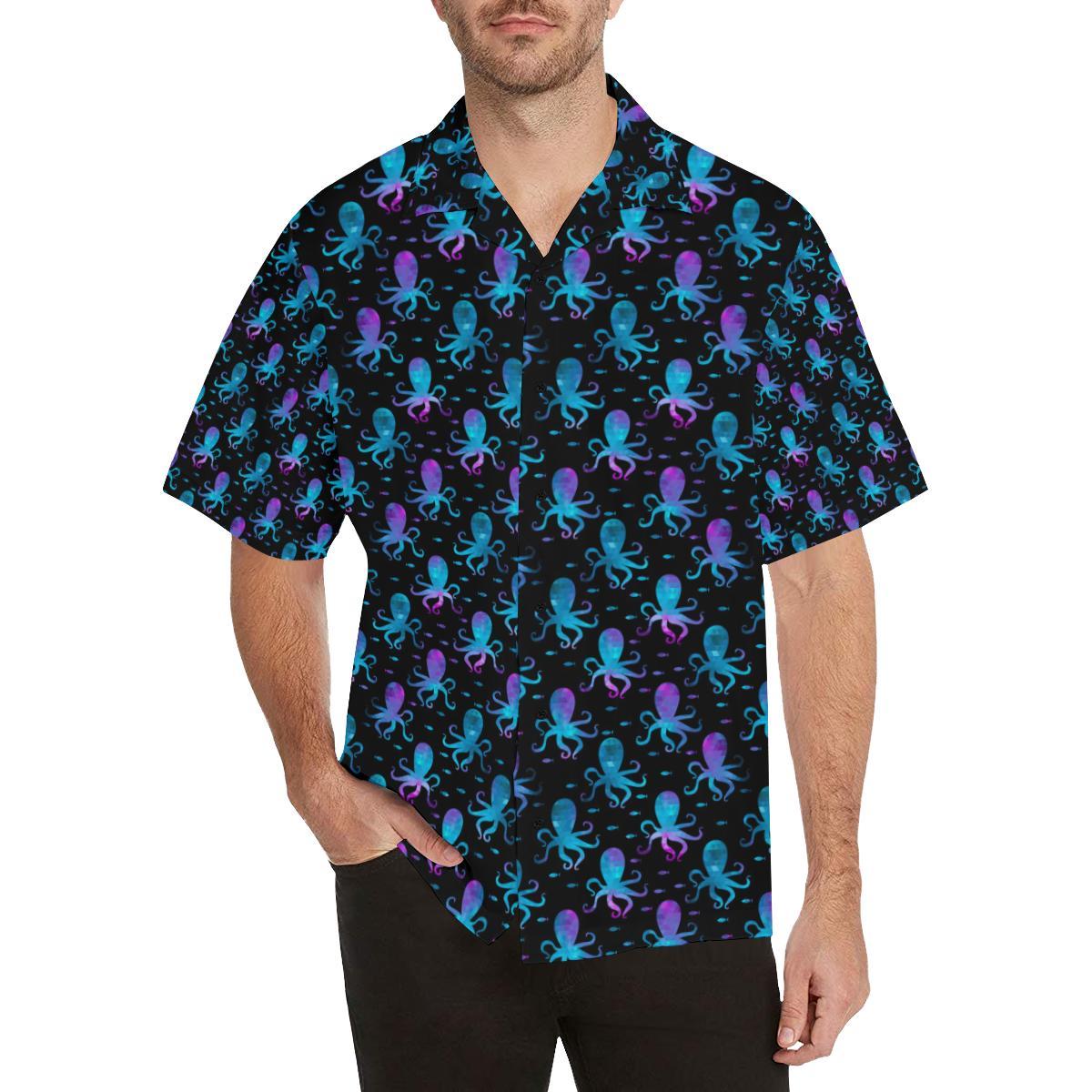Octopus Blue Design Print Themed Men Aloha Hawaiian Shirt