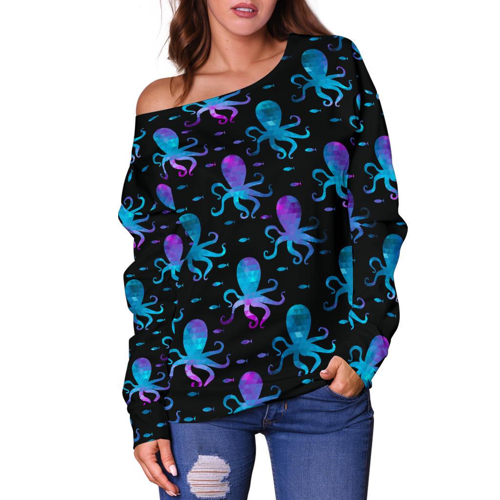 Octopus Blue Design Print Themed Off Shoulder Sweatshirt