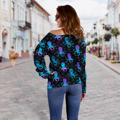Octopus Blue Design Print Themed Off Shoulder Sweatshirt