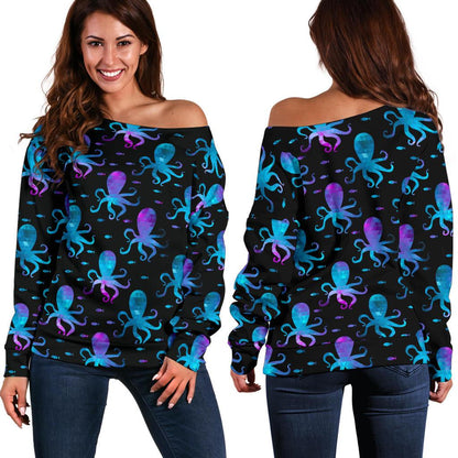 Octopus Blue Design Print Themed Off Shoulder Sweatshirt