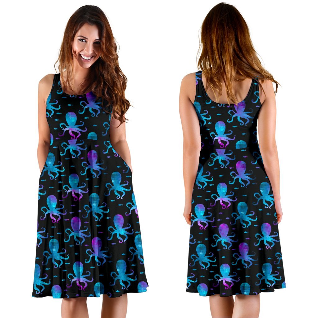 Octopus Blue Design Print Themed Sleeveless Dress