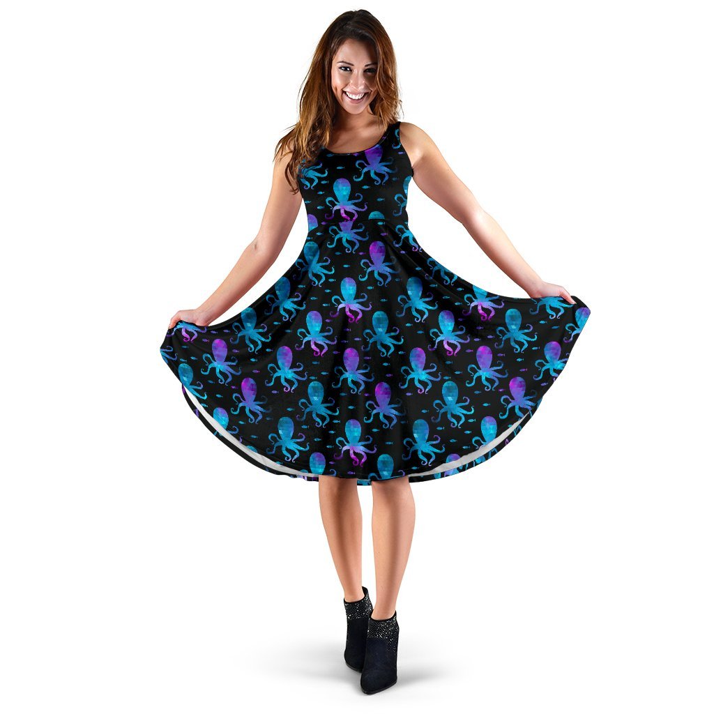 Octopus Blue Design Print Themed Sleeveless Dress