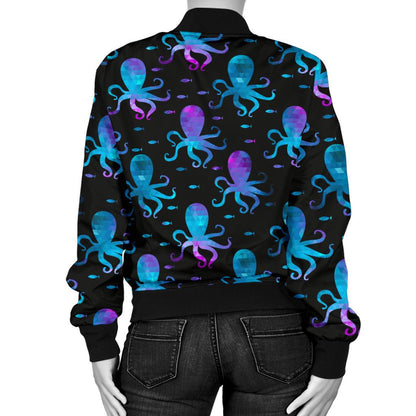 Octopus Blue Design Print Themed Women Casual Bomber Jacket