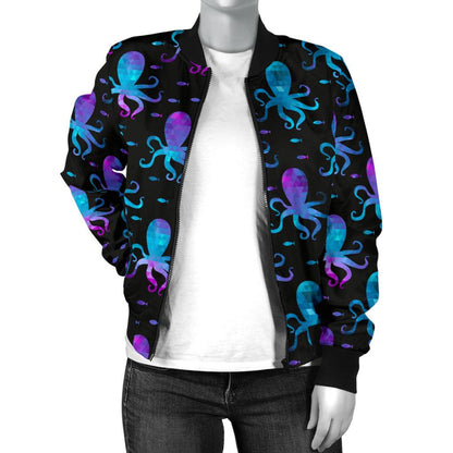 Octopus Blue Design Print Themed Women Casual Bomber Jacket