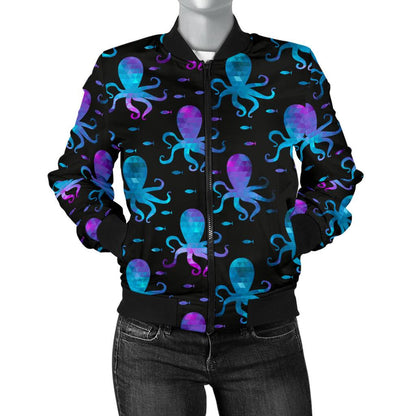 Octopus Blue Design Print Themed Women Casual Bomber Jacket