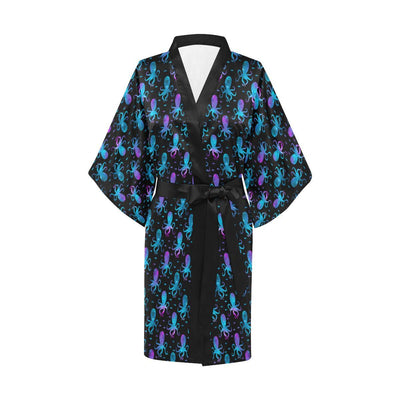 Octopus Blue Design Print Themed Women Short Kimono Robe