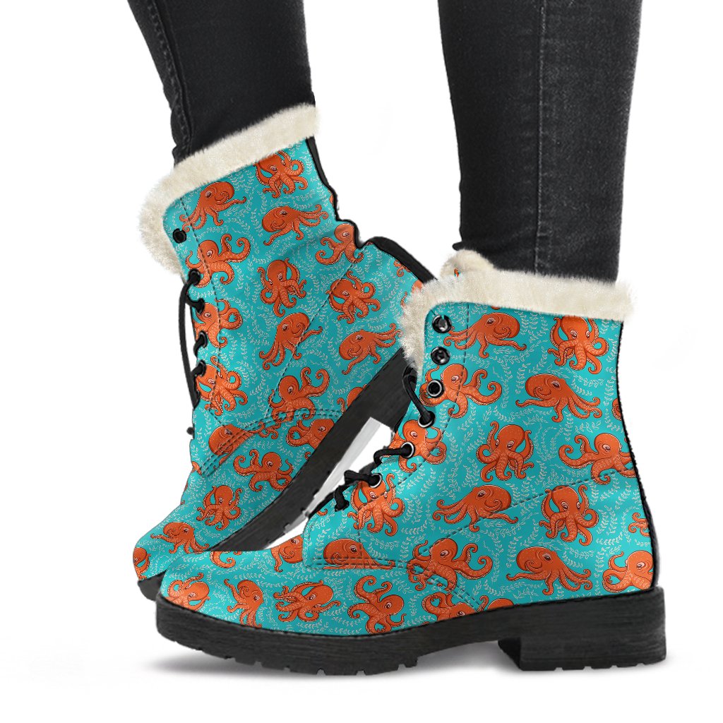 Octopus Cartoon Design Print Themed Faux Fur Leather Boots-JTAMIGO.COM