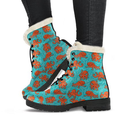 Octopus Cartoon Design Print Themed Faux Fur Leather Boots-JTAMIGO.COM