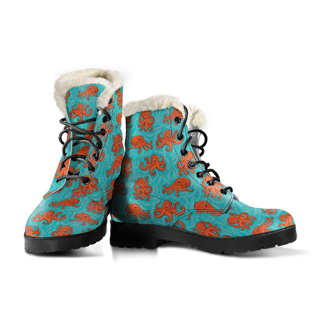 Octopus Cartoon Design Print Themed Faux Fur Leather Boots-JTAMIGO.COM
