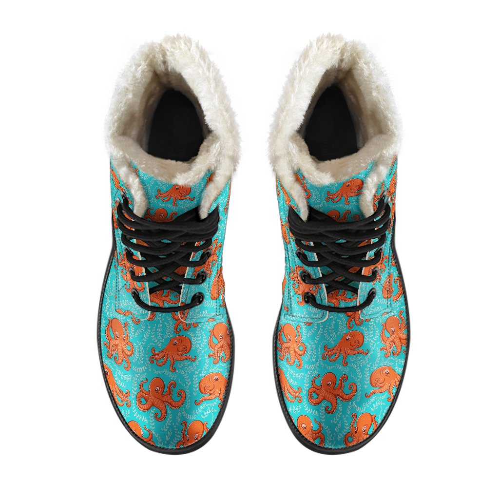 Octopus Cartoon Design Print Themed Faux Fur Leather Boots-JTAMIGO.COM