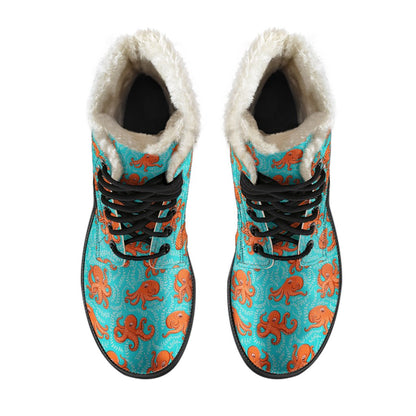 Octopus Cartoon Design Print Themed Faux Fur Leather Boots-JTAMIGO.COM