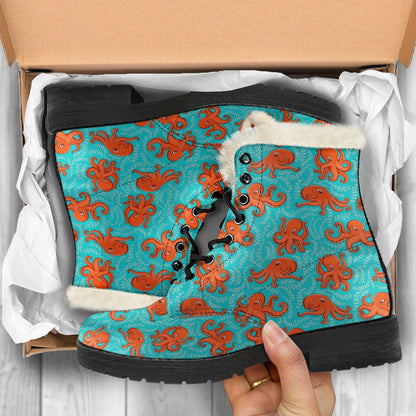 Octopus Cartoon Design Print Themed Faux Fur Leather Boots-JTAMIGO.COM