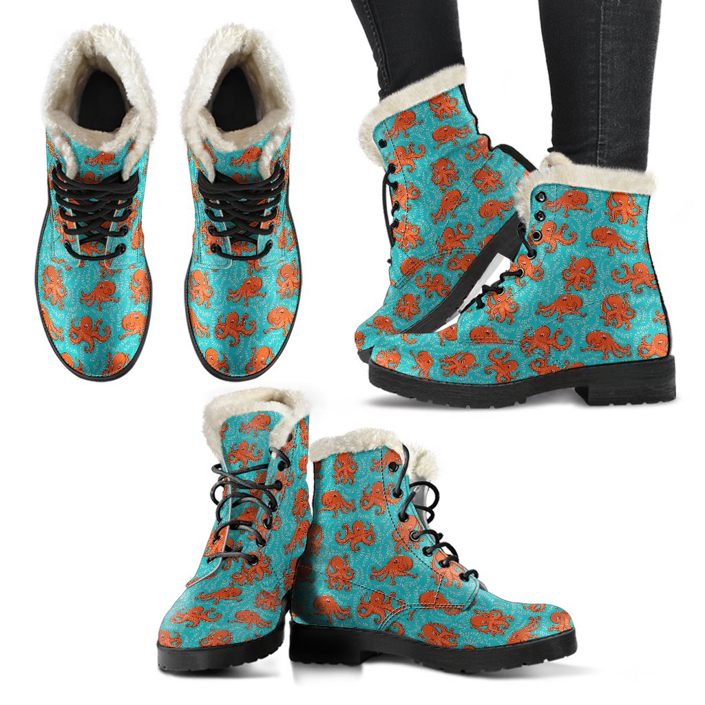 Octopus Cartoon Design Print Themed Faux Fur Leather Boots-JTAMIGO.COM