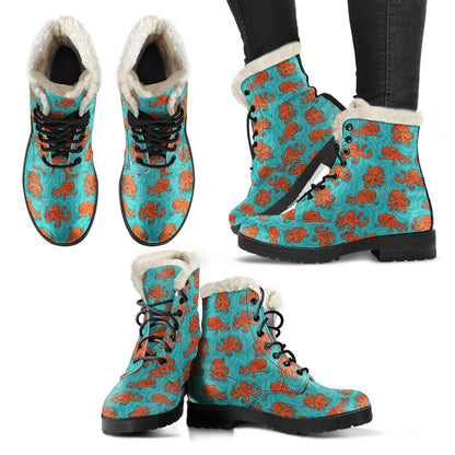 Octopus Cartoon Design Print Themed Faux Fur Leather Boots-JTAMIGO.COM