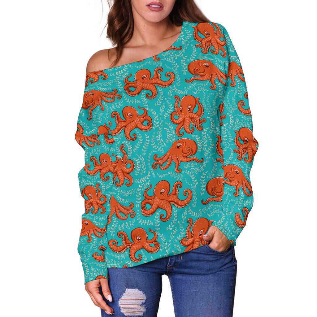 Octopus Cartoon Design Print Themed Off Shoulder Sweatshirt