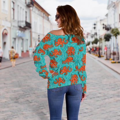 Octopus Cartoon Design Print Themed Off Shoulder Sweatshirt