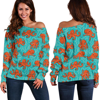 Octopus Cartoon Design Print Themed Off Shoulder Sweatshirt