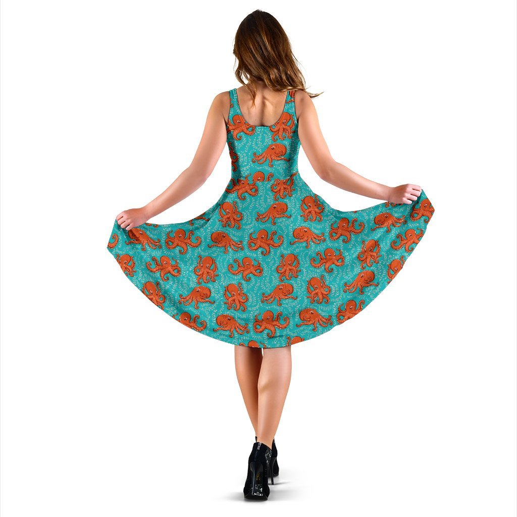 Octopus Cartoon Design Print Themed Sleeveless Dress