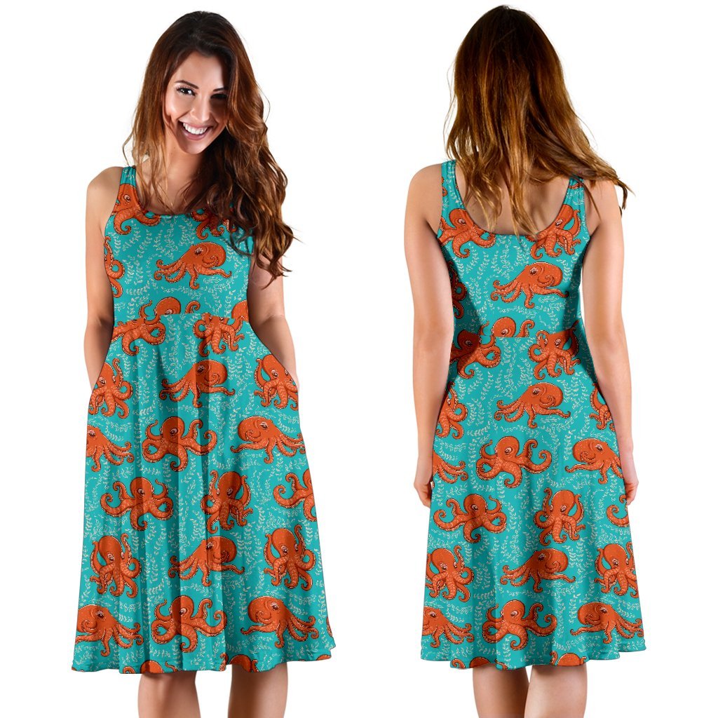 Octopus Cartoon Design Print Themed Sleeveless Dress