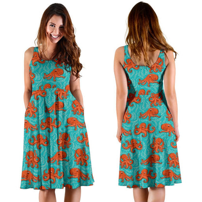 Octopus Cartoon Design Print Themed Sleeveless Dress