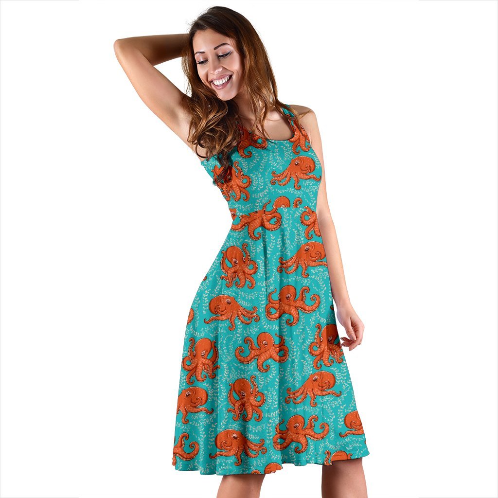 Octopus Cartoon Design Print Themed Sleeveless Dress