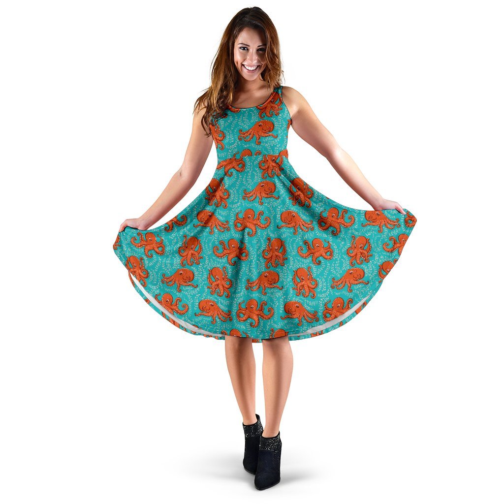 Octopus Cartoon Design Print Themed Sleeveless Dress