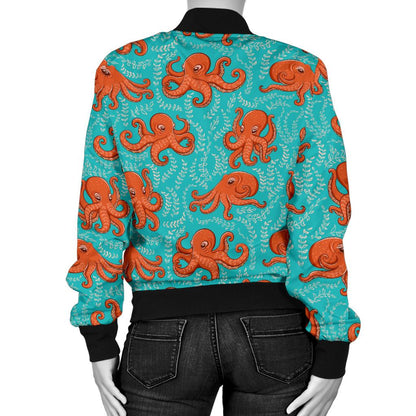 Octopus Cartoon Design Print Themed Women Casual Bomber Jacket