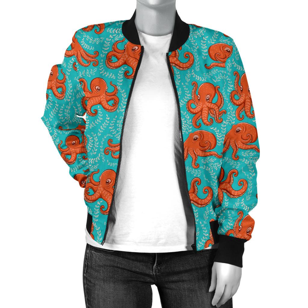Octopus Cartoon Design Print Themed Women Casual Bomber Jacket