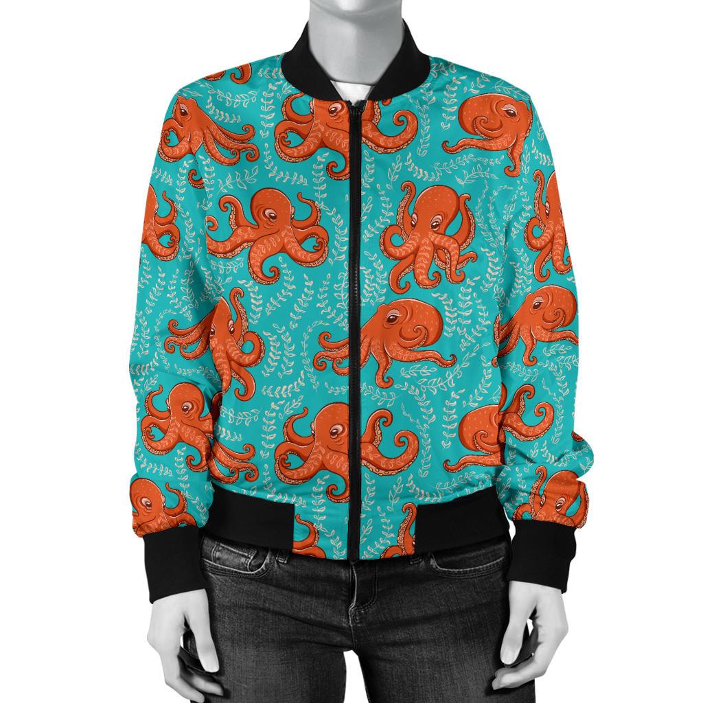 Octopus Cartoon Design Print Themed Women Casual Bomber Jacket