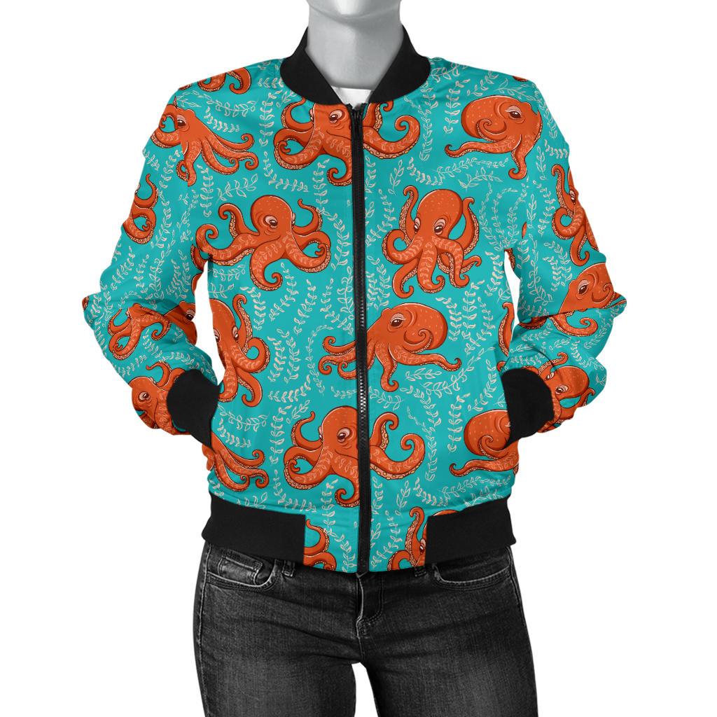 Octopus Cartoon Design Print Themed Women Casual Bomber Jacket