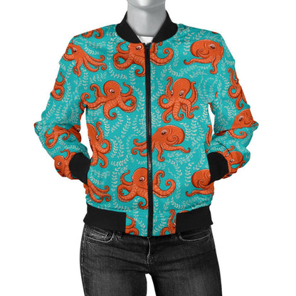 Octopus Cartoon Design Print Themed Women Casual Bomber Jacket