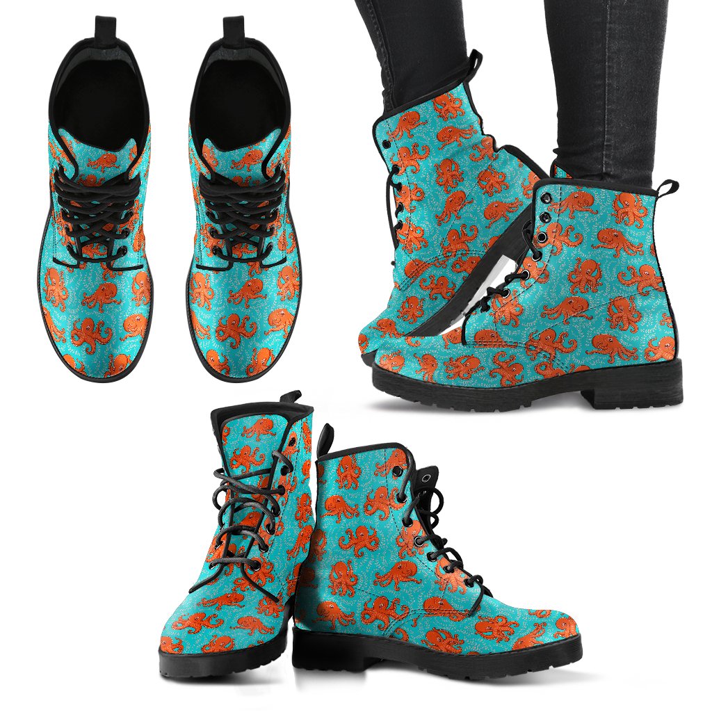 Octopus Cartoon Design Print Themed Women Leather Boots-JTAMIGO.COM