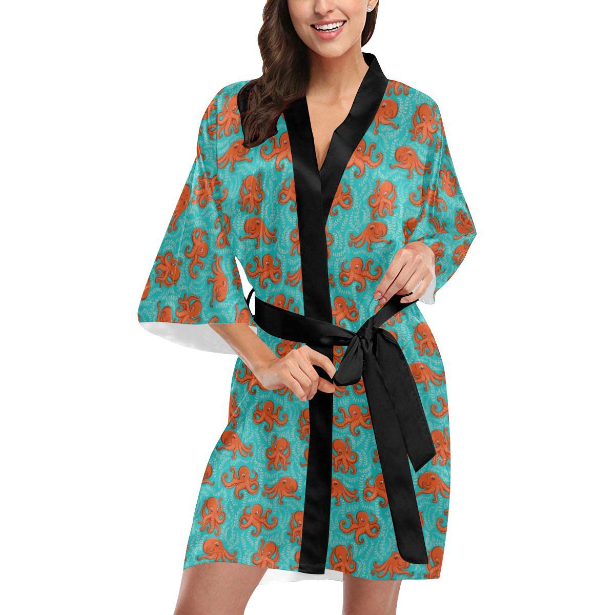 Octopus Cartoon Design Print Themed Women Short Kimono Robe