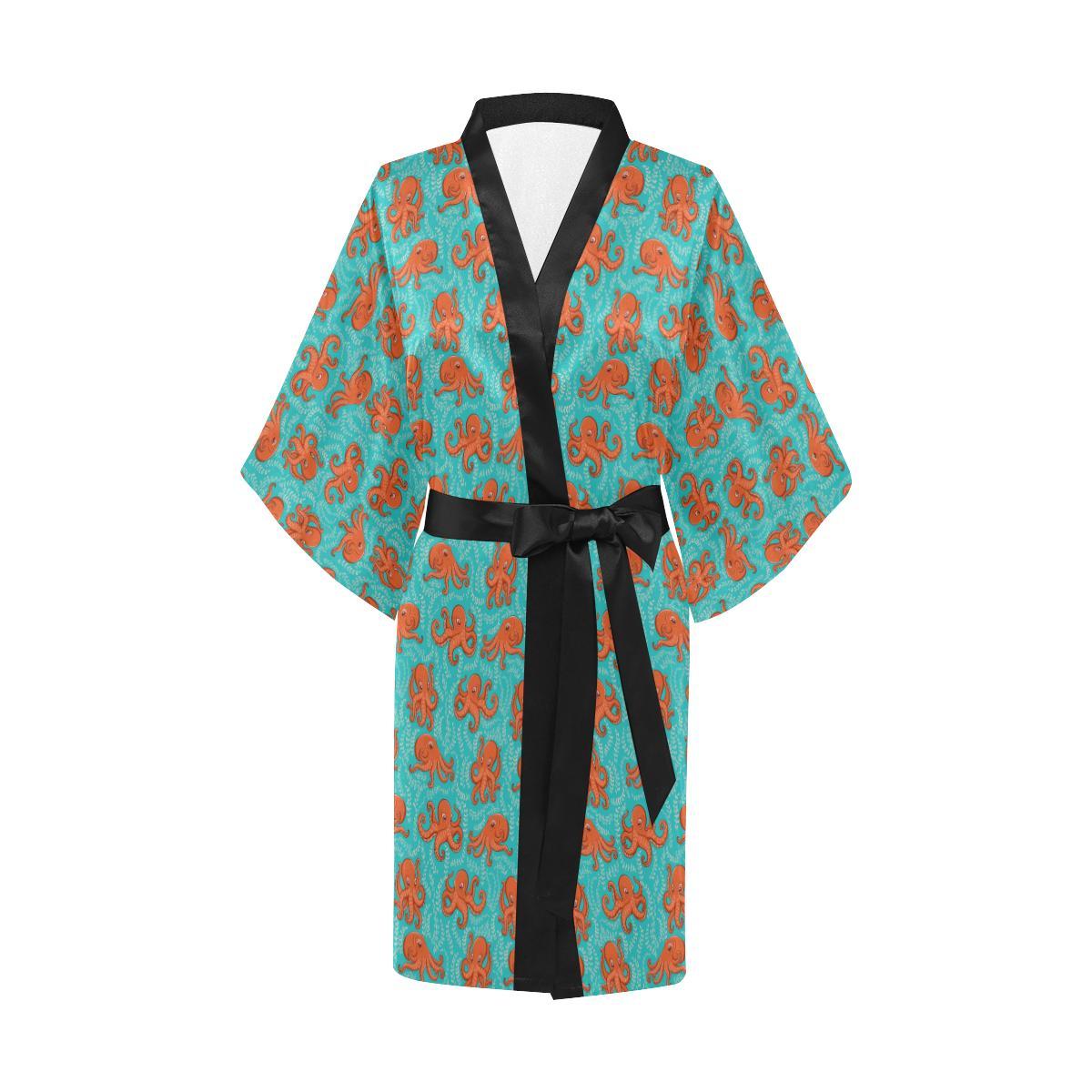 Octopus Cartoon Design Print Themed Women Short Kimono Robe