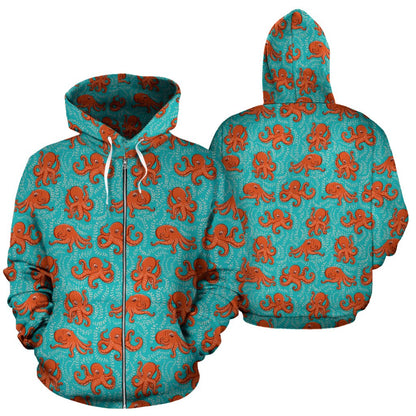 Octopus Cartoon Design Print Themed Zip Up Hoodie