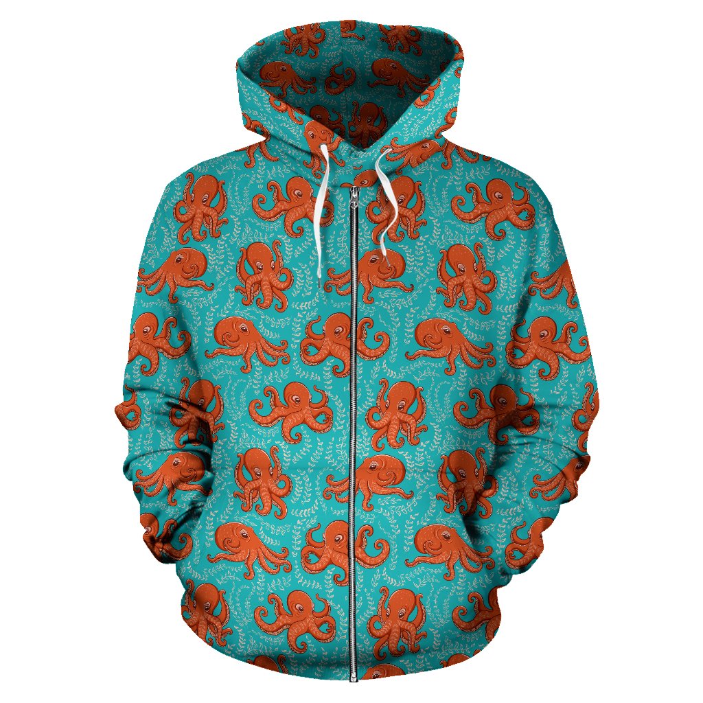 Octopus Cartoon Design Print Themed Zip Up Hoodie