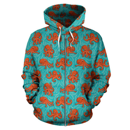 Octopus Cartoon Design Print Themed Zip Up Hoodie