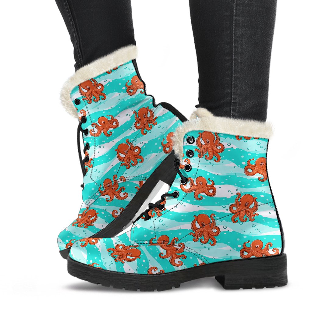 Octopus Cute Design Print Themed Faux Fur Leather Boots-JTAMIGO.COM