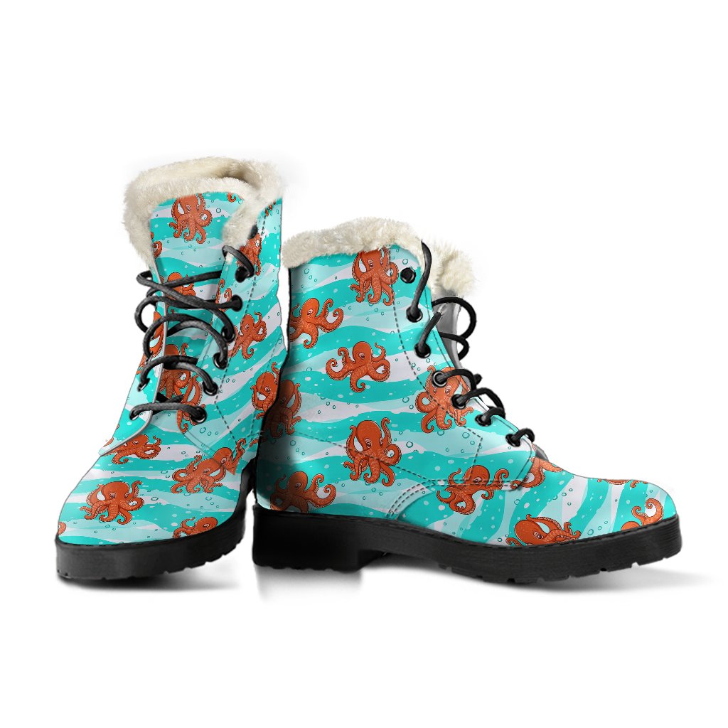 Octopus Cute Design Print Themed Faux Fur Leather Boots-JTAMIGO.COM