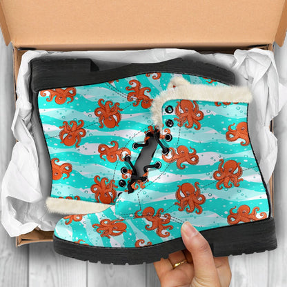 Octopus Cute Design Print Themed Faux Fur Leather Boots-JTAMIGO.COM