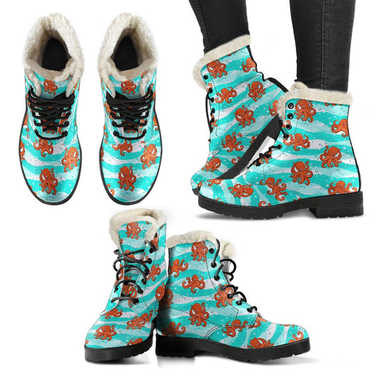 Octopus Cute Design Print Themed Faux Fur Leather Boots-JTAMIGO.COM
