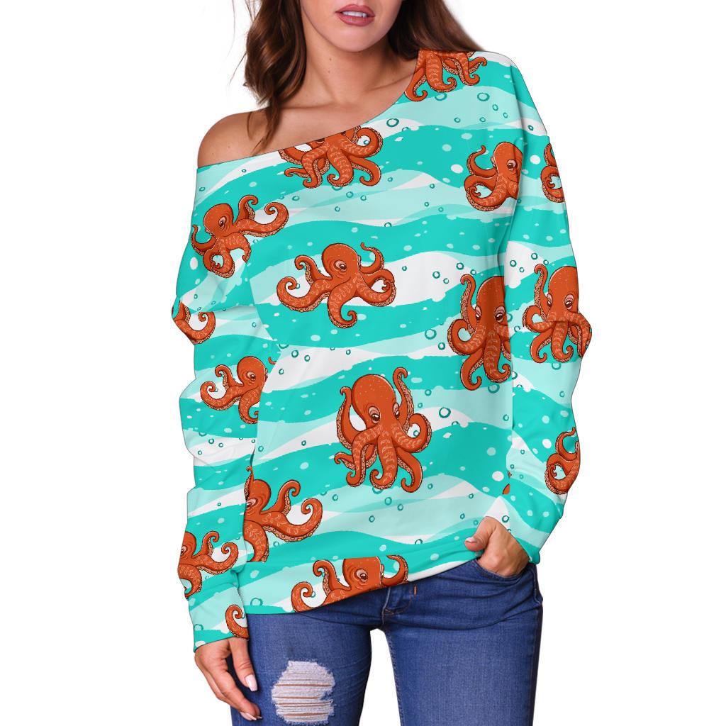 Octopus Cute Design Print Themed Off Shoulder Sweatshirt