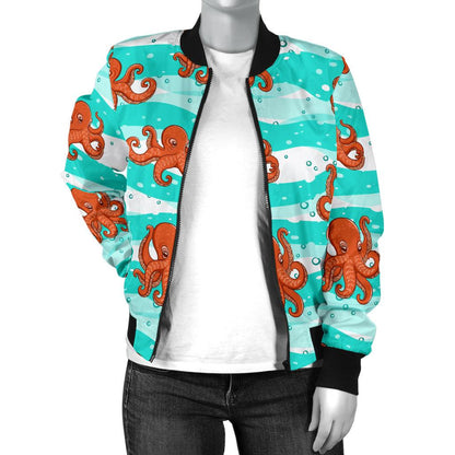 Octopus Cute Design Print Themed Women Casual Bomber Jacket