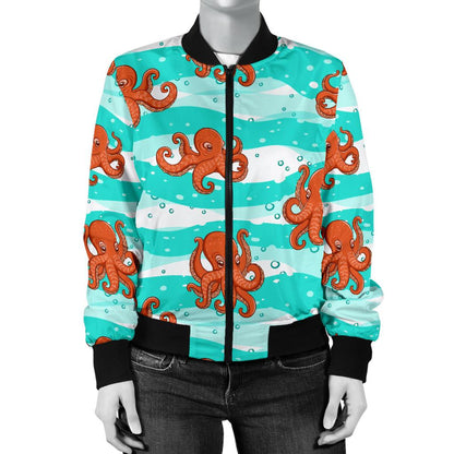 Octopus Cute Design Print Themed Women Casual Bomber Jacket