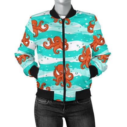 Octopus Cute Design Print Themed Women Casual Bomber Jacket
