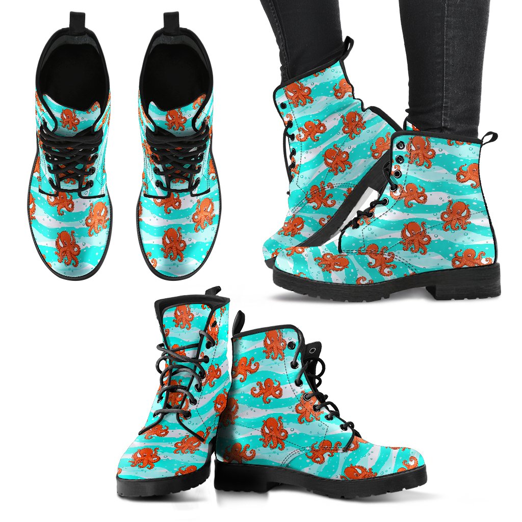 Octopus Cute Design Print Themed Women Leather Boots-JTAMIGO.COM