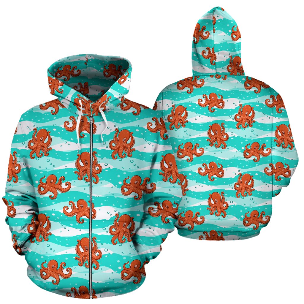 Octopus Cute Design Print Themed Zip Up Hoodie