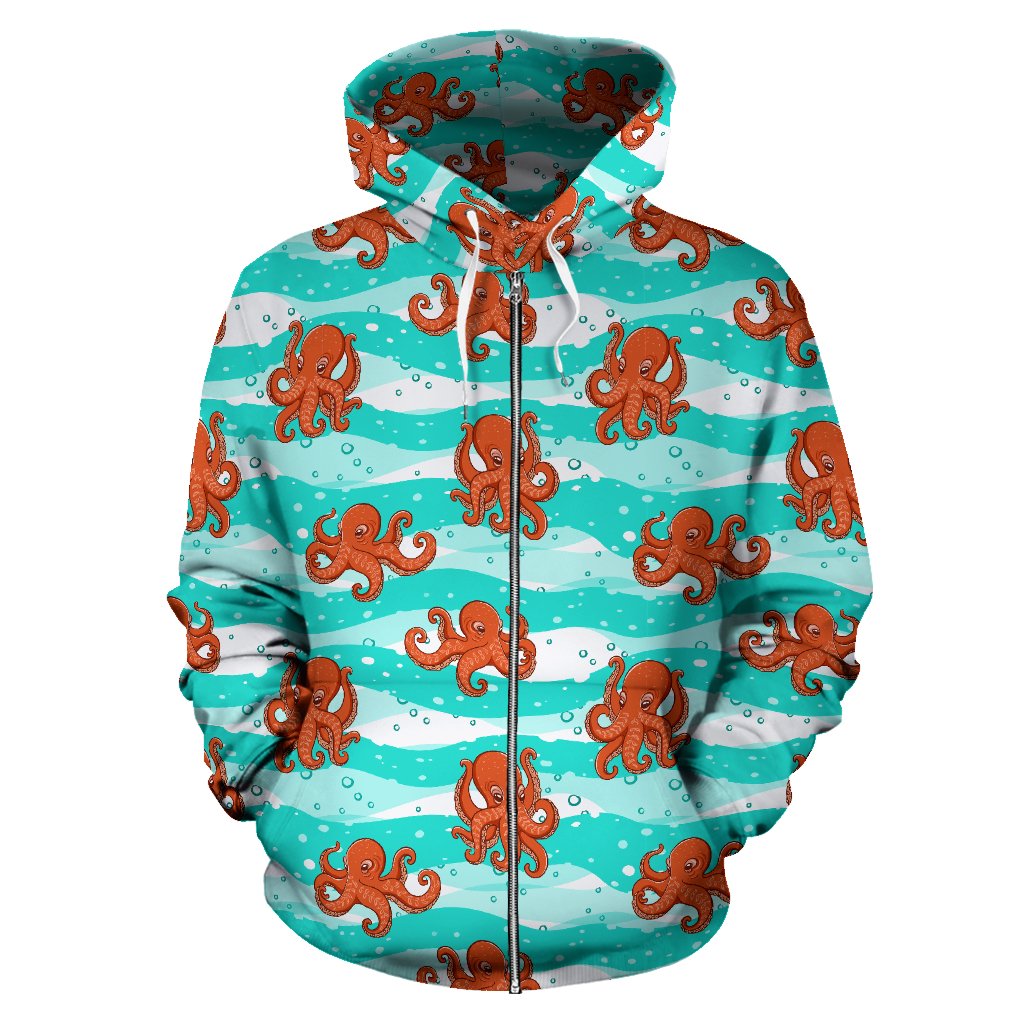 Octopus Cute Design Print Themed Zip Up Hoodie