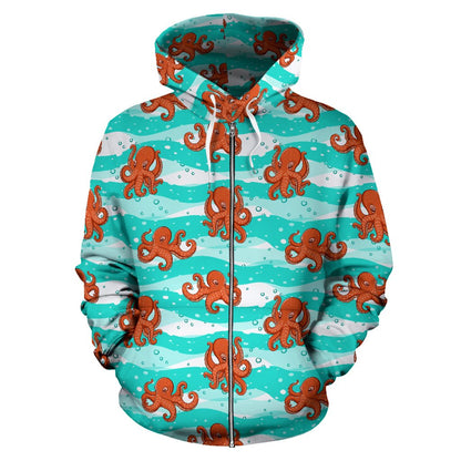 Octopus Cute Design Print Themed Zip Up Hoodie